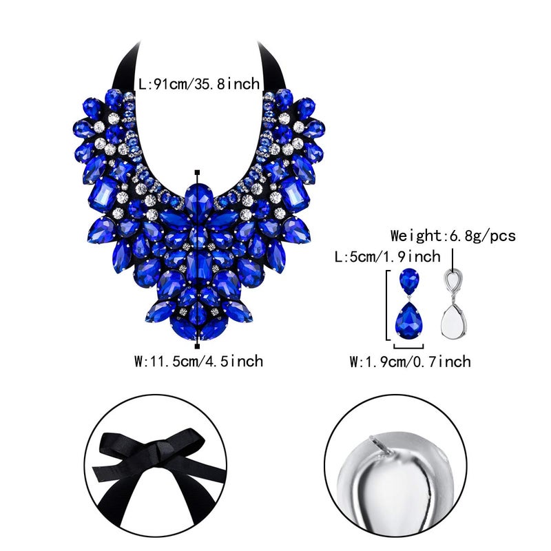 Flyonce Costume Jewelry for Women, Rhinestone Crystal Statement Necklace Earrings Set Blue - Image 5